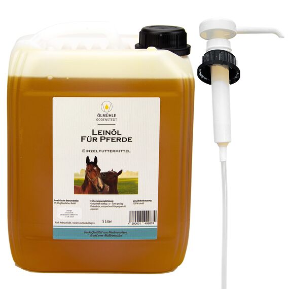 Leinöl für Pferde incl. Dosierpumpe | stets frisch | naturbelassen | 5 Liter | mit Öko-Strom in Niedersachsen hergestellt | reich an Omega3 | ideal für den Fellwechsel