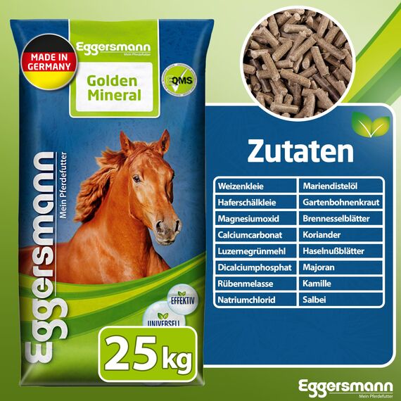 Eggersmann Mein Pferdefutter Golden Mineral 25 kg – Mineralfutter für Pferde & Ponys – Nährstoffreiches Pferdefutter zur optimalen Rundumversorgung – Zur Ergänzung des Grundfutters