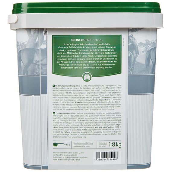 Mühldorfer Pferdefutter Mühldorfer Bronchopur Herbal - 1,8 kg - Fördert das Abhusten - Beruhigt Atemwege - Wohltuender Inhalier-Effekt
