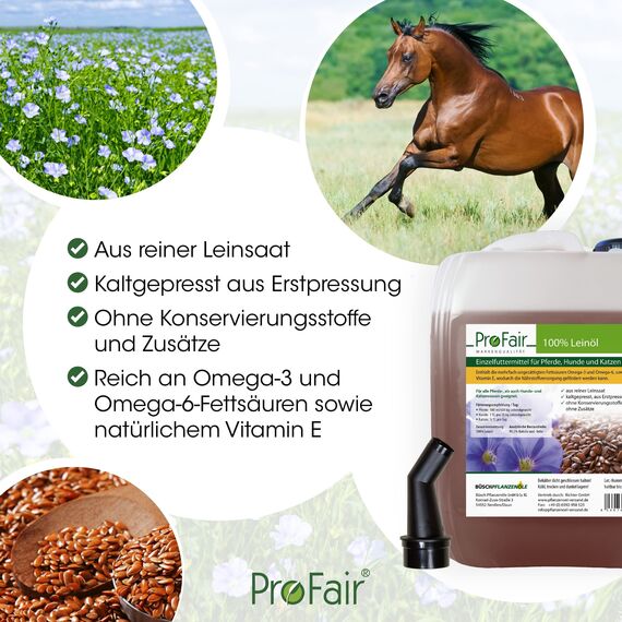 10 Liter ProFair Leinöl (2 x 5 Liter Kanister) kaltgepresst, 100% aus Reiner Leinsaat, ohne Zusätze, Einzelfuttermittel für Pferd, Hund und Katze