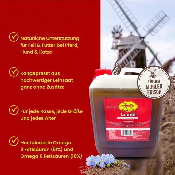 Scheidler horse-direkt Leinöl für Pferde, Hunde & Katzen 2X 5 Liter – Mühlenfrisch kaltgepresstes Leinsamenöl ohne Zusätze – Reich an Omega 3 & 6 für Fellwechsel/Barf Öl– Aus Deutschland