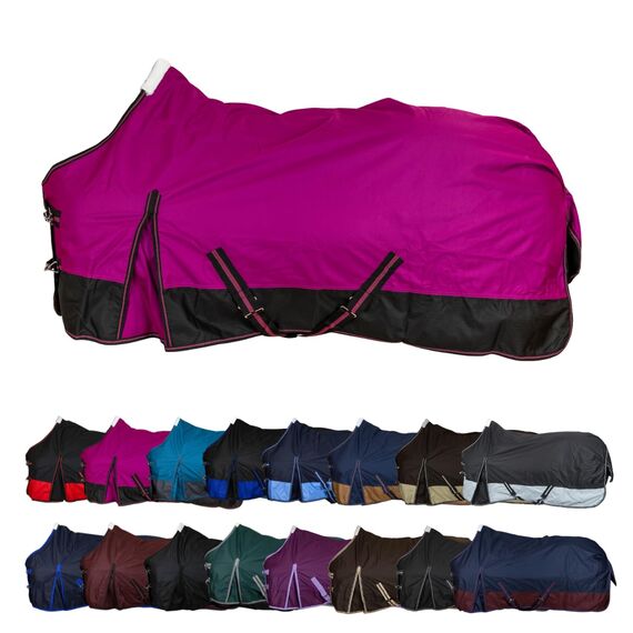 RL24 - Weidedecke 600D Basicline – Regendecke & Übergangsdecke – Wind- & wasserdichte Outdoordecke mit Innenfutter & Kreuzbegurtung – Pferdedecke in Beere/Schwarz – 95cm (Polarfleecefutter)
