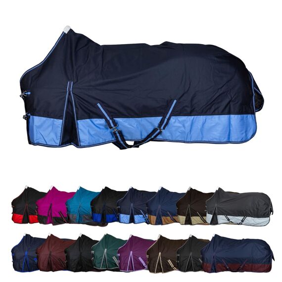 RL24 - Weidedecke 600D Basicline – Regendecke & Übergangsdecke – Wind- & wasserdichte Outdoordecke mit Innenfutter & Kreuzbegurtung – Pferdedecke in Blau/Babyblau – 135cm (Polarfleecefutter)