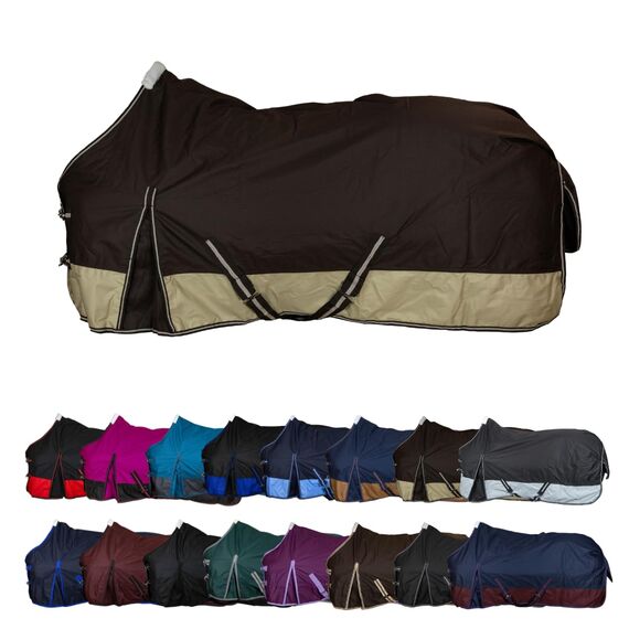RL24 - Weidedecke 600D Basicline – Regendecke & Übergangsdecke – Wind- & wasserdichte Outdoordecke mit Innenfutter & Kreuzbegurtung – Pferdedecke in Braun/Beige – 85cm (Polarfleecefutter)