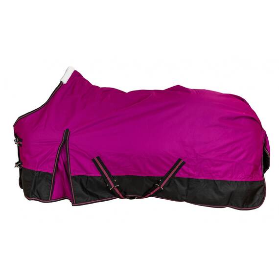 RL24 - Winterdecke Weidedecke 600D Basicline – atmungsaktive, Wind- & wasserdichte Outdoordecke mit Innenfutter & Kreuzbegurtung – Pferdedecke in Beere/Schwarz – 135cm (300g/m² Füllung)