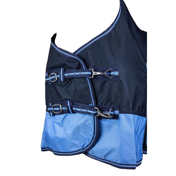 RL24 - Weidedecke 600D Basicline – Regendecke & Übergangsdecke – Wind- & wasserdichte Outdoordecke mit Innenfutter & Kreuzbegurtung – Pferdedecke in Blau/Babyblau – 125cm (Polarfleecefutter)