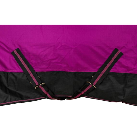 RL24 - Weidedecke 600D Basicline – Regendecke & Übergangsdecke – Wind- & wasserdichte Outdoordecke mit Innenfutter & Kreuzbegurtung – Pferdedecke in Beere/Schwarz – 135cm (Polarfleecefutter)