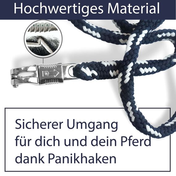 Führstrick Pferd Anbindestrick für Pferde mit stabilem Panikhaken Länge 2m viele Farben (Navyblau-Weiss)