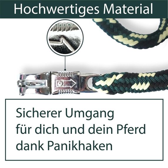 Führstrick Pferd Anbindestrick für Pferde mit stabilem Panikhaken Länge 2m viele Farben (Dunkelgruen-Schwarz-Creme)