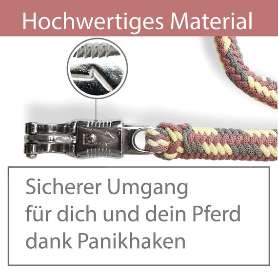 Führstrick Pferd Anbindestrick für Pferde mit stabilem Panikhaken Länge 2m viele Farben (Grau-Pastellrot-Creme)