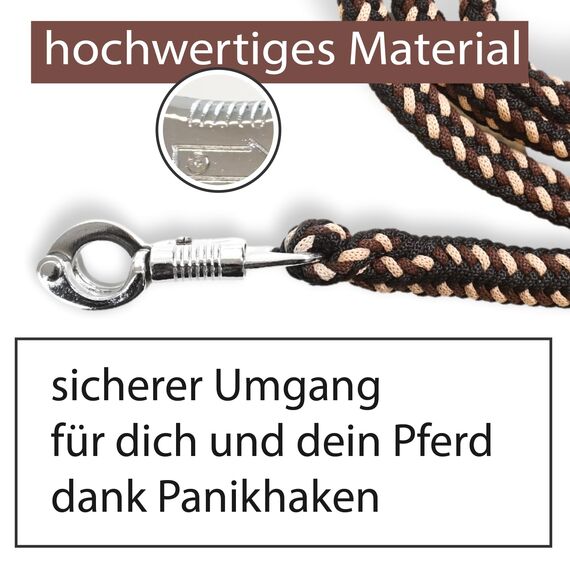 Führstrick Pferd Anbindestrick für Pferde mit stabilem Panikhaken Länge 2m viele Farben (Braun-Beige-Schwarz)