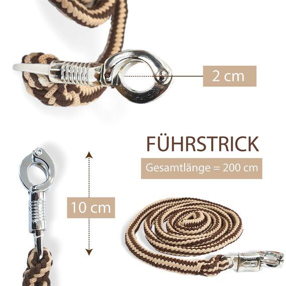 Führstrick Pferd Anbindestrick für Pferde mit stabilem Panikhaken Länge 2m viele Farben (Braun-Beige)
