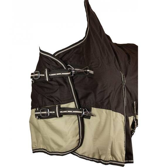 RL24 - Winterdecke Weidedecke 600D Basicline – atmungsaktive, Wind- & wasserdichte Outdoordecke mit Innenfutter & Kreuzbegurtung – Pferdedecke in Braun/Beige – 125cm (200g/m² Füllung)
