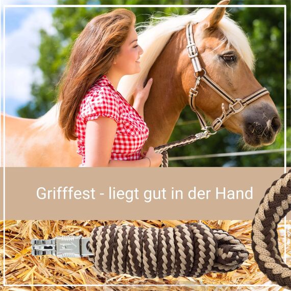Führstrick Pferd Anbindestrick für Pferde mit stabilem Panikhaken Länge 2m viele Farben (Braun-Beige)