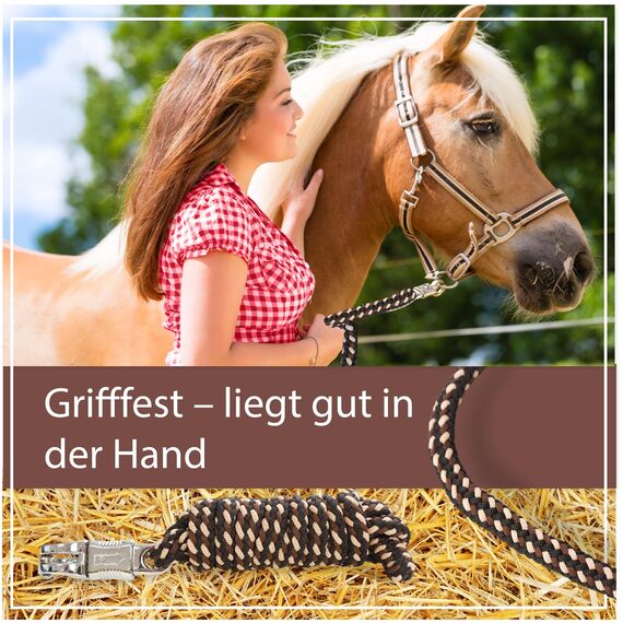 Führstrick Pferd Anbindestrick für Pferde mit stabilem Panikhaken Länge 2m viele Farben (Braun-Beige-Schwarz)