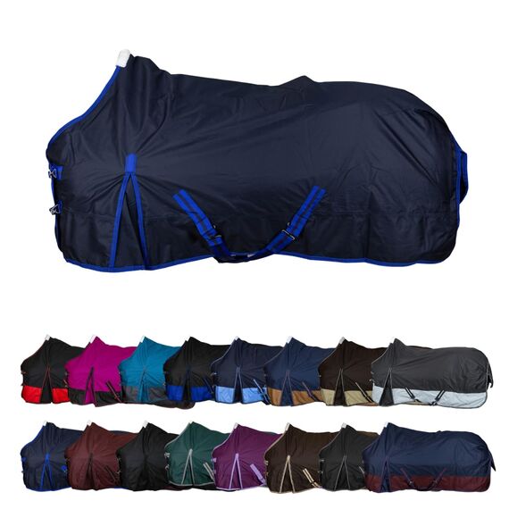 RL24 - Weidedecke 600D Basicline – als Regendecke & Übergangsdecke – Wind- & wasserdichte Outdoordecke mit Innenfutter & Kreuzbegurtung – Pferdedecke in Dunkelblau – 165cm (Nylonfutter)