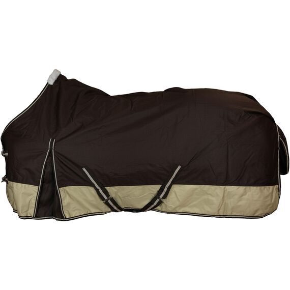 RL24 - Weidedecke 600D Basicline – als Regendecke & Übergangsdecke – Wind- & wasserdichte Outdoordecke mit Innenfutter & Kreuzbegurtung – Pferdedecke in Braun/Beige – 155cm (Nylonfutter)