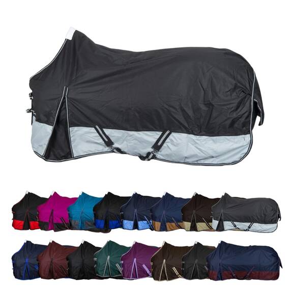 RL24 - Winterdecke Weidedecke 600D Basicline – atmungsaktive, Wind- & wasserdichte Outdoordecke mit Innenfutter & Kreuzbegurtung – Pferdedecke in Schwarz/Grau – 145cm (200g/m² Füllung)