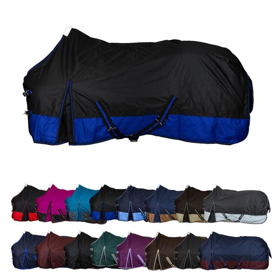 RL24 - Weidedecke 600D Basicline – Regendecke & Übergangsdecke – Wind- & wasserdichte Outdoordecke mit Innenfutter – Pferdedecke in Schwarz/Royalblau – 95cm (Polarfleecefutter)