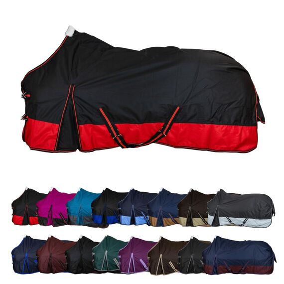 RL24 - Weidedecke 600D Basicline – Regendecke & Übergangsdecke – Wind- & wasserdichte Outdoordecke mit Innenfutter & Kreuzbegurtung – Pferdedecke in Schwarz/Rot – 95cm (Polarfleecefutter)