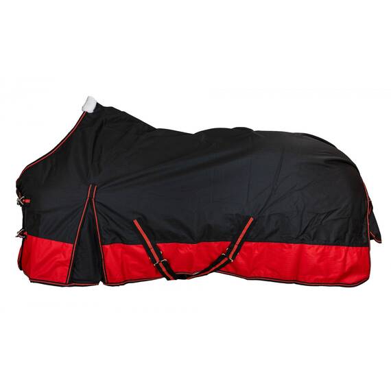 RL24 - Winterdecke Weidedecke 600D Basicline – atmungsaktive, Wind- & wasserdichte Outdoordecke mit Innenfutter & Kreuzbegurtung – Pferdedecke in Schwarz/Rot – 105cm (200g/m² Füllung)