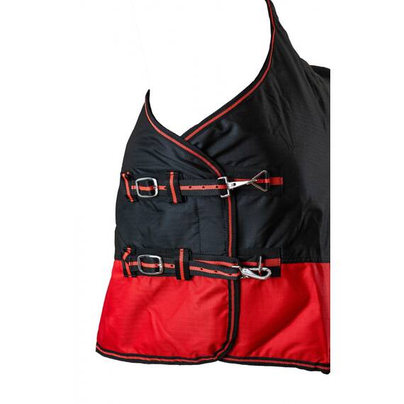 RL24 - Winterdecke Weidedecke 600D Basicline – atmungsaktive, Wind- & wasserdichte Outdoordecke mit Innenfutter & Kreuzbegurtung – Pferdedecke in Schwarz/Rot – 105cm (200g/m² Füllung)