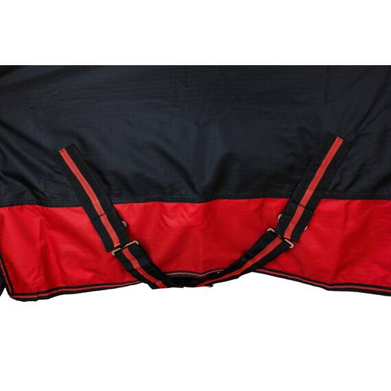 RL24 - Winterdecke Weidedecke 600D Basicline – atmungsaktive, Wind- & wasserdichte Outdoordecke mit Innenfutter & Kreuzbegurtung – Pferdedecke in Schwarz/Rot – 125cm (200g/m² Füllung)