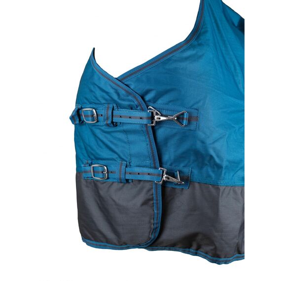 RL24 - Weidedecke 600D Basicline – Regendecke & Übergangsdecke – Wind- & wasserdichte Outdoordecke mit Innenfutter – Pferdedecke in Petrol/Graphit – 85cm (Polarfleecefutter)