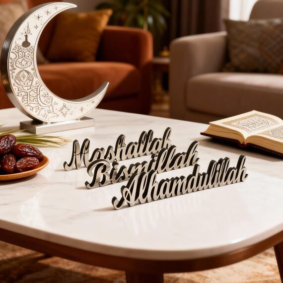 3 Stück Ramadan-Dekorationen für Tisch, islamische Wanddekoration, Silber) (Silber, Alhamdulillah Bismillah Mashallah)