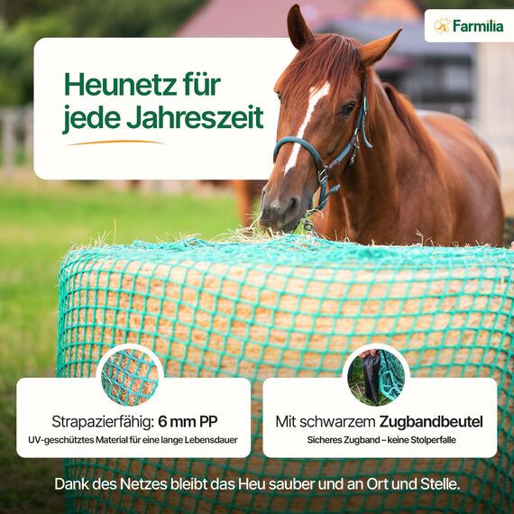 Farmilia® Heunetz für Pferde - Ideal für Rundballen bis ø190cm I Robustes Rundballennetz - UV-geschützt & wetterfest I Großes Heunetz inkl. Tragetasche - 45x45mm Maschen für langsames Fressen
