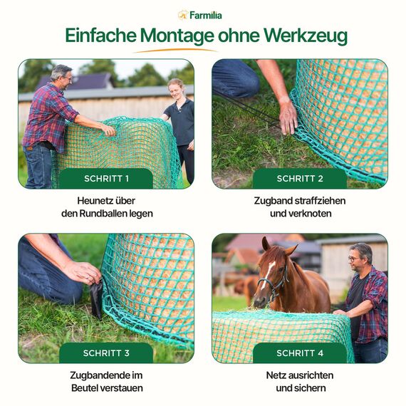 Farmilia® Heunetz für Pferde - Ideal für Rundballen bis ø190cm I Robustes Rundballennetz - UV-geschützt & wetterfest I Großes Heunetz inkl. Tragetasche - 45x45mm Maschen für langsames Fressen