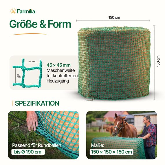 Farmilia® Heunetz für Pferde - Ideal für Rundballen bis ø190cm I Robustes Rundballennetz - UV-geschützt & wetterfest I Großes Heunetz inkl. Tragetasche - 45x45mm Maschen für langsames Fressen
