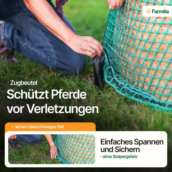 Farmilia® Heunetz für Pferde - Ideal für Rundballen bis ø190cm I Robustes Rundballennetz - UV-geschützt & wetterfest I Großes Heunetz inkl. Tragetasche - 45x45mm Maschen für langsames Fressen