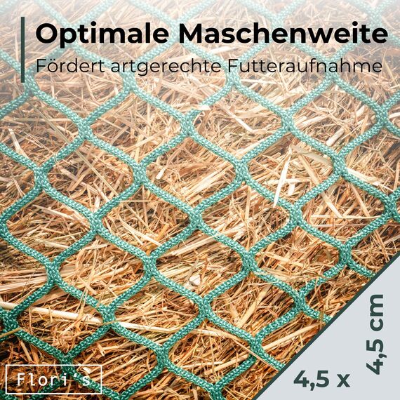 Flori's® Heunetz Rundballen – ø 150 cm, Höhe 150 cm – Maschenweite 4,5 x 4,5cm – Stabiles Heunetz für Pferde zur artgerechten Fütterung - Rundballennetz für Heuraufe geeignet, Heuballennetz engmaschig