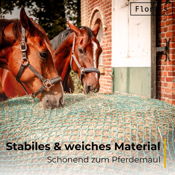 Flori's® Heunetz Rundballen – ø 150 cm, Höhe 150 cm – Maschenweite 4,5 x 4,5cm – Stabiles Heunetz für Pferde zur artgerechten Fütterung - Rundballennetz für Heuraufe geeignet, Heuballennetz engmaschig