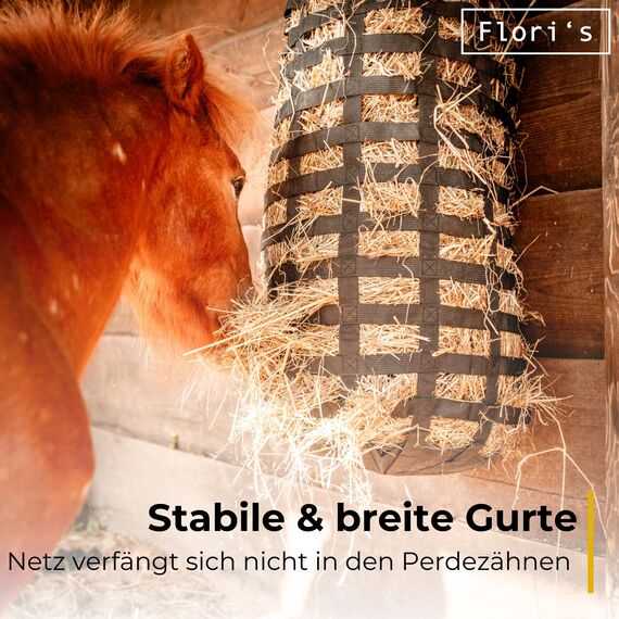 Flori's Heunetz für Pferde engmaschig - Premium Heusack für Pferde zur artgerechten Fütterung | 90 x 60 cm groß - Füllmenge: bis 3 kg | Heuraufe Pferd | Spielzeug für Pferde | Heunetz engmaschig