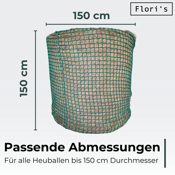 Flori's® Heunetz Rundballen – ø 150 cm, Höhe 150 cm – Maschenweite 4,5 x 4,5cm – Stabiles Heunetz für Pferde zur artgerechten Fütterung - Rundballennetz für Heuraufe geeignet, Heuballennetz engmaschig