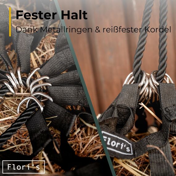 Flori's Heunetz für Pferde engmaschig - Premium Heusack für Pferde zur artgerechten Fütterung | 90 x 60 cm groß - Füllmenge: bis 3 kg | Heuraufe Pferd | Spielzeug für Pferde | Heunetz engmaschig