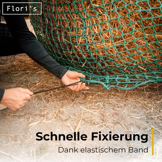 Flori's® Heunetz Rundballen – ø 150 cm, Höhe 150 cm – Maschenweite 4,5 x 4,5cm – Stabiles Heunetz für Pferde zur artgerechten Fütterung - Rundballennetz für Heuraufe geeignet, Heuballennetz engmaschig
