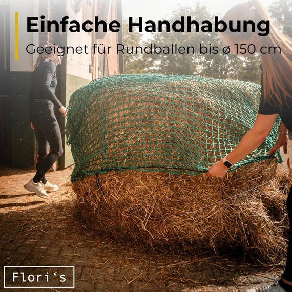 Flori's® Heunetz Rundballen – ø 150 cm, Höhe 150 cm – Maschenweite 4,5 x 4,5cm – Stabiles Heunetz für Pferde zur artgerechten Fütterung - Rundballennetz für Heuraufe geeignet, Heuballennetz engmaschig