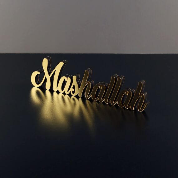 Bismillah, Alhamdulillah, Mashallah, freistehend, Holzdekor mit glänzendem Acryl-Finish (Mashallah, Gold)