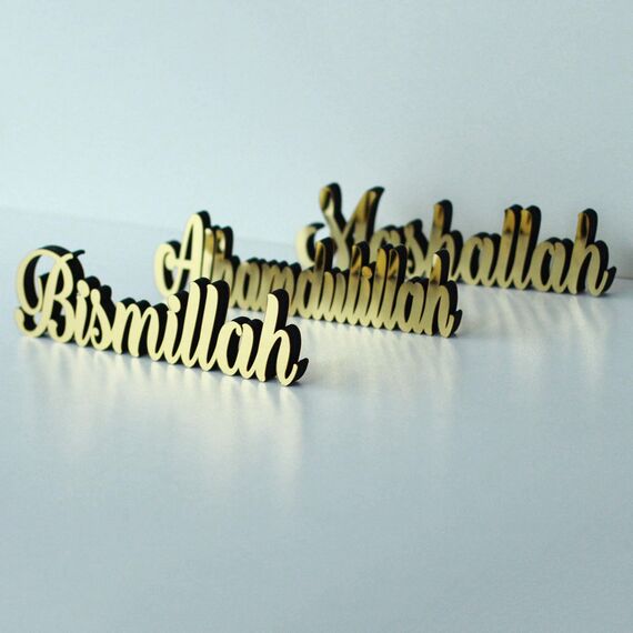 iwa concept Bismillah Alhamdulilla Mashallah freistehende Holzdekor mit glänzendem Acryl-Finish (3 Stück, Gold)