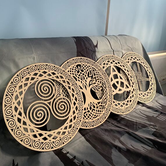 Keltisches Symbol, Wanddekoration, 30,5 cm, Holz, heilige Geometrie, 4-teiliges Set, Baum des Lebens, keltisches Kreuz, Knoten, dreifache Spirale, Symbol, nordische keltische Rune, irische Wandkunst