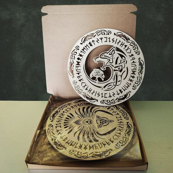4 Stück Mythologie Tierkunst 30,5 cm Wikinger Dekor Keltisches Kreuz Dreifaltigkeitsknoten Wandkunst Nordische Heilige Kreatur Thors Hammer Wolf Fenrir Drache Baum des Lebens Symbol Kolibri Wikinger