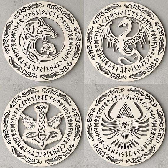 4 Stück Mythologie Tierkunst 30,5 cm Wikinger Dekor Keltisches Kreuz Dreifaltigkeitsknoten Wandkunst Nordische Heilige Kreatur Thors Hammer Wolf Fenrir Drache Baum des Lebens Symbol Kolibri Wikinger