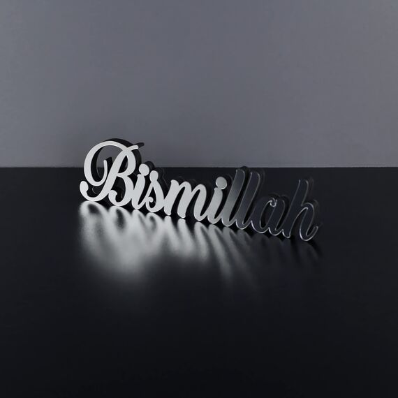 IWA Concept Bismillah Alhamdulilla Mashallah freistehende Holzdekor mit glänzendem Acryl-Finish (Bismillah, Silber)