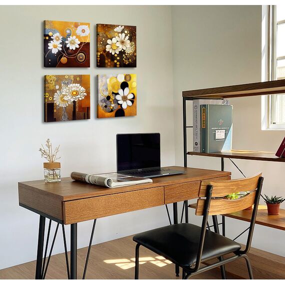 DJSYLIFE Weiße und goldene Wandkunst für Wohnzimmer, Leinwanddrucke, abstrakte Blumenbilder, Wanddekoration, modernes Schlafzimmer, Büro, Zuhause, Kunstwerk, Zubehör, 30,5 x 30,5 x 10,2 cm