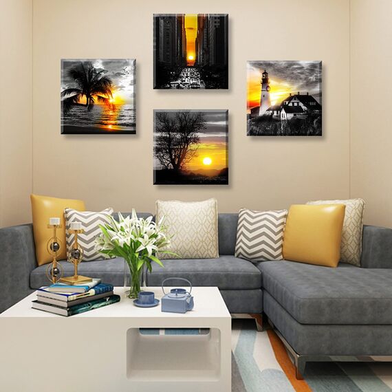 Schwarz-weiße Badezimmer-Wandkunst, Leuchtturm, Wanddekoration, Sonnenuntergang, Strandbilder, modernes Zuhause, Büro, gelbe Naturlandschaft, Leinwanddrucke für Küche, Esszimmer, Dekorationen, 30,5 cm