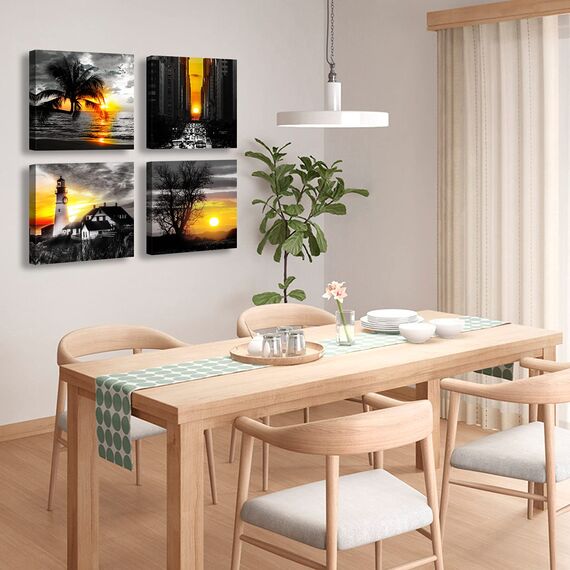 Schwarz-weiße Badezimmer-Wandkunst, Leuchtturm, Wanddekoration, Sonnenuntergang, Strandbilder, modernes Zuhause, Büro, gelbe Naturlandschaft, Leinwanddrucke für Küche, Esszimmer, Dekorationen, 30,5 cm
