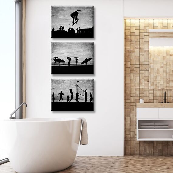 Surf-Wandkunst, Surfer-Leinwandbild, inspirierend, Strand-Volleyball, Skateboarder, Jumping Silhouette, gerahmt, Poster für Teenager, Jungen, 30.5 x 40.6 x 3 Paneele, fertig zum Aufhängen
